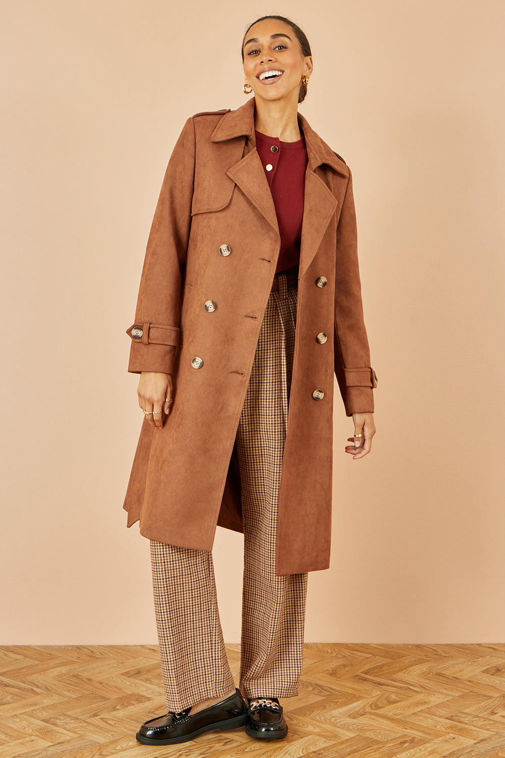 Yumi Brown Faux Suede Trench Coat - QHA UK