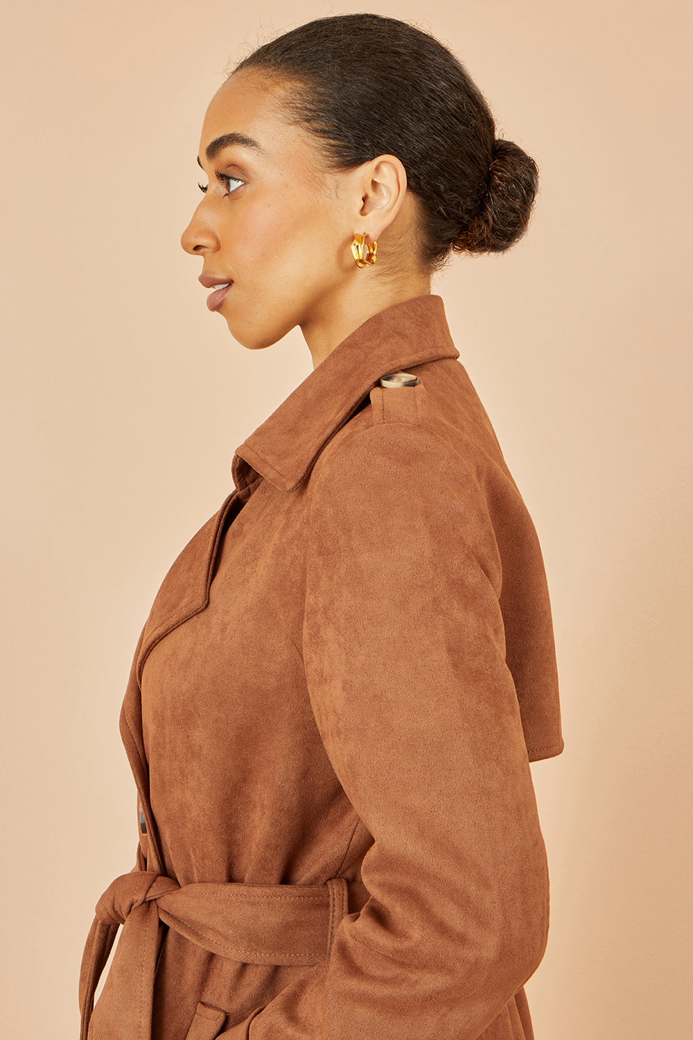 Yumi Brown Faux Suede Trench Coat - QHA UK