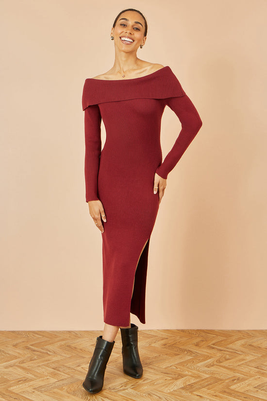 Yumi Burgundy Bardot Knitted Fitted Midi Dress - QHA UK