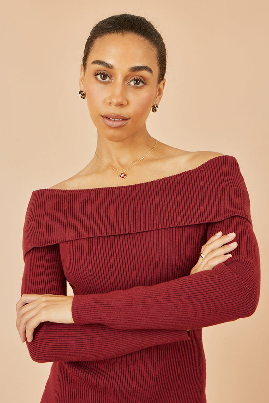 Yumi Burgundy Bardot Knitted Fitted Midi Dress - QHA UK
