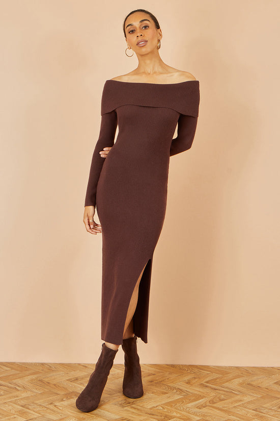 Yumi Brown Bardot Knitted Fitted Midi Dress - QHA UK
