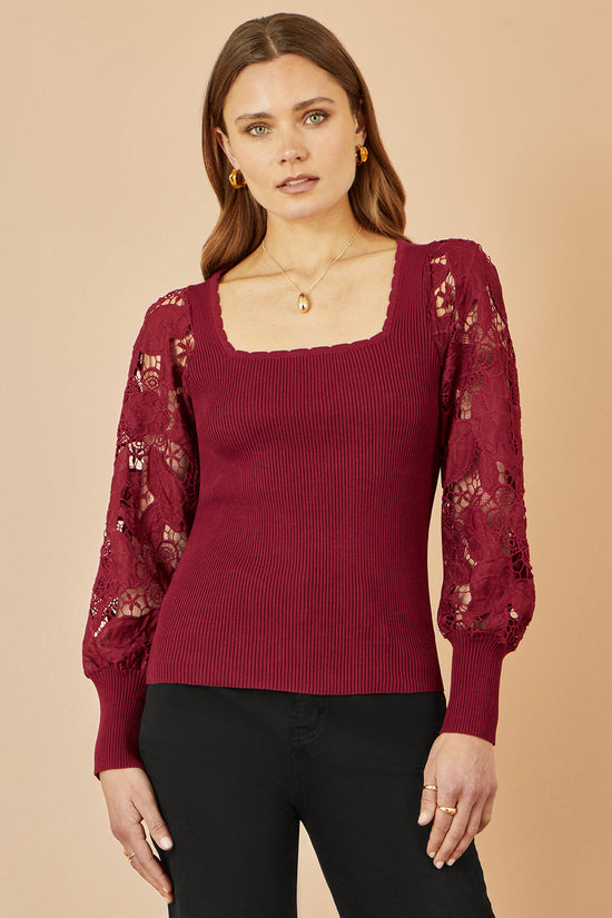 Yumi Burgundy Ribbed Knitted Top With Lace Sleeves - QHA UK