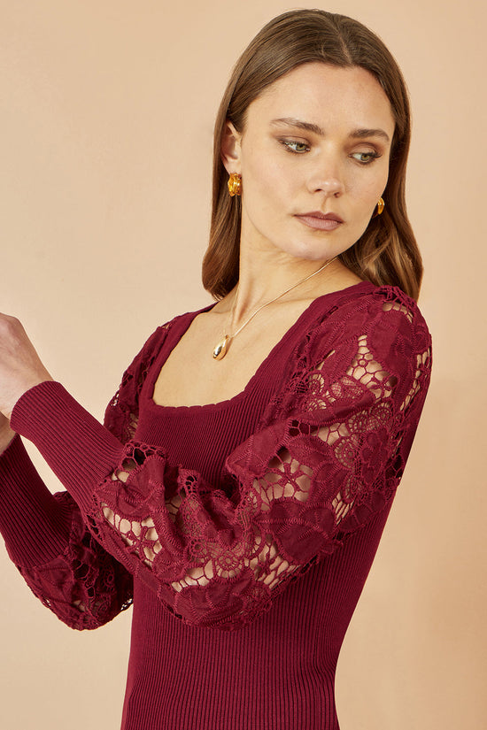 Yumi Burgundy Ribbed Knitted Top With Lace Sleeves - QHA UK