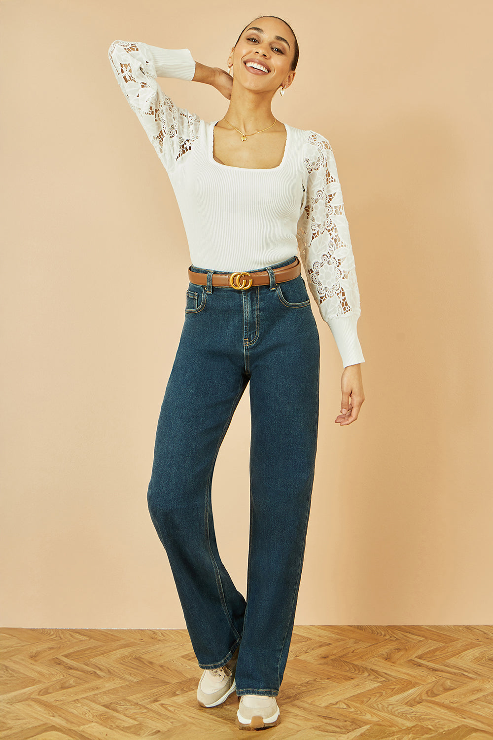 Yumi White Ribbed Knitted Top With Lace Sleeves - QHA UK