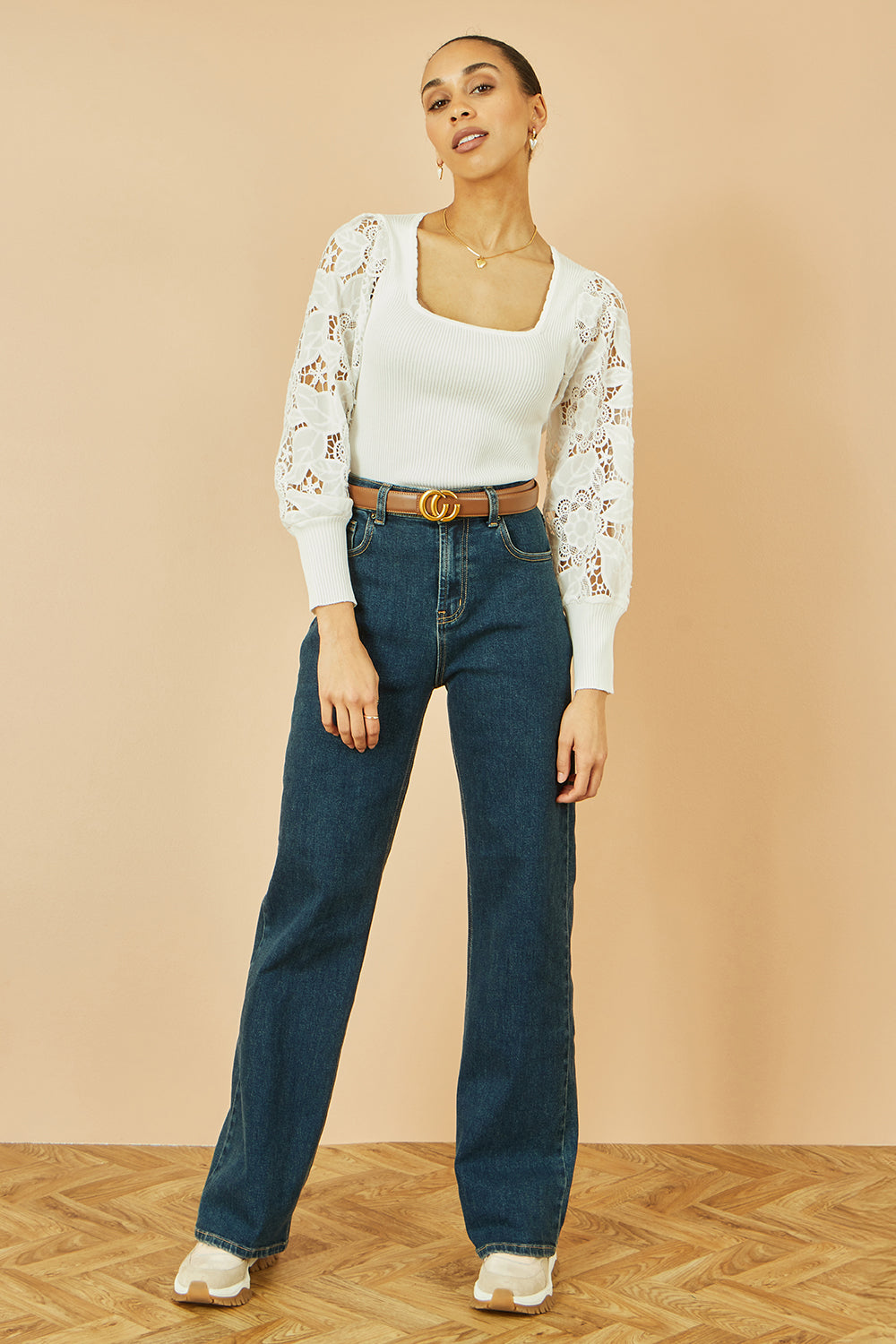 Yumi White Ribbed Knitted Top With Lace Sleeves - QHA UK