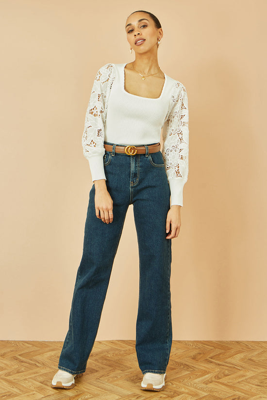 Yumi White Ribbed Knitted Top With Lace Sleeves - QHA UK