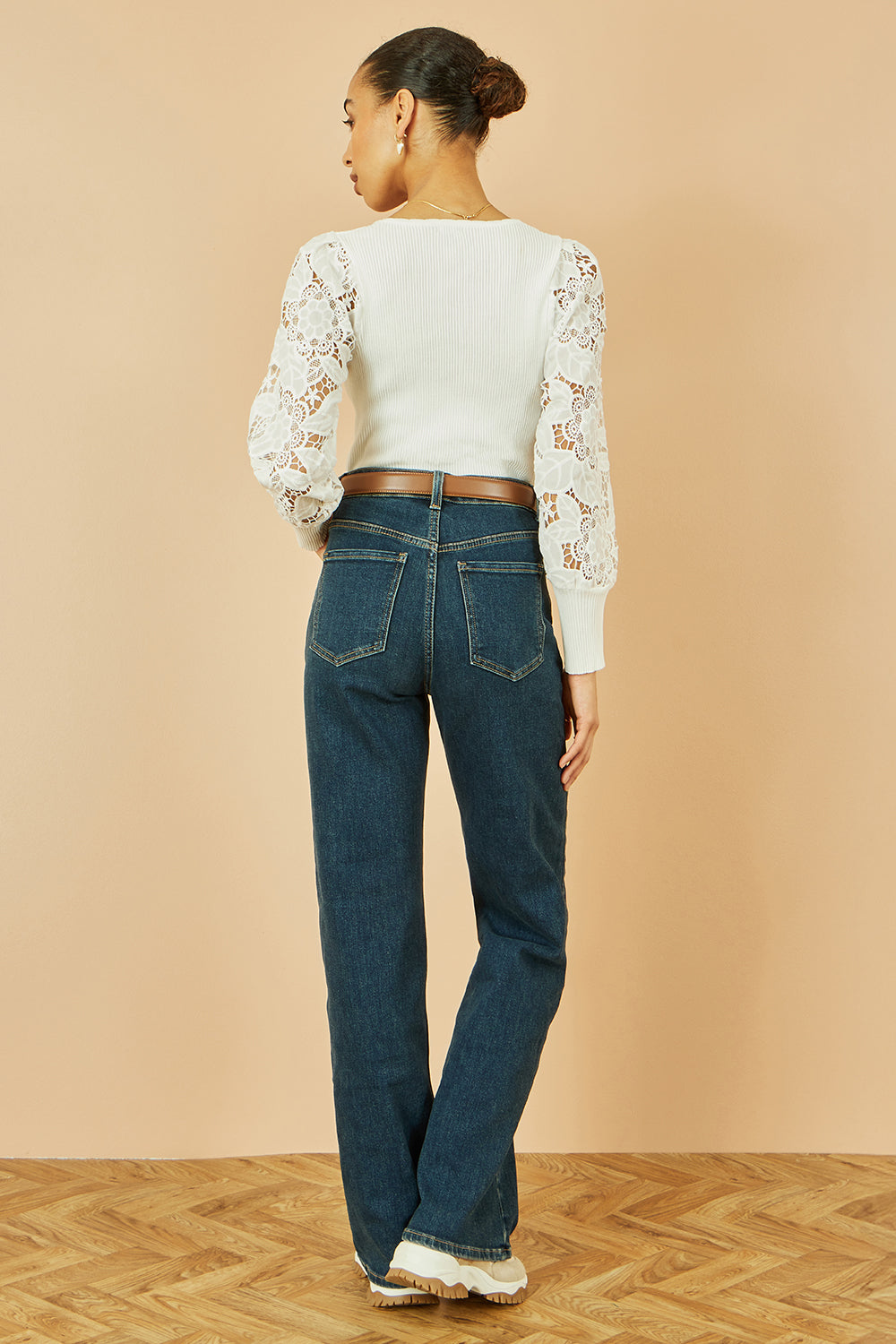 Yumi White Ribbed Knitted Top With Lace Sleeves - QHA UK