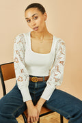 Yumi White Ribbed Knitted Top With Lace Sleeves - QHA UK