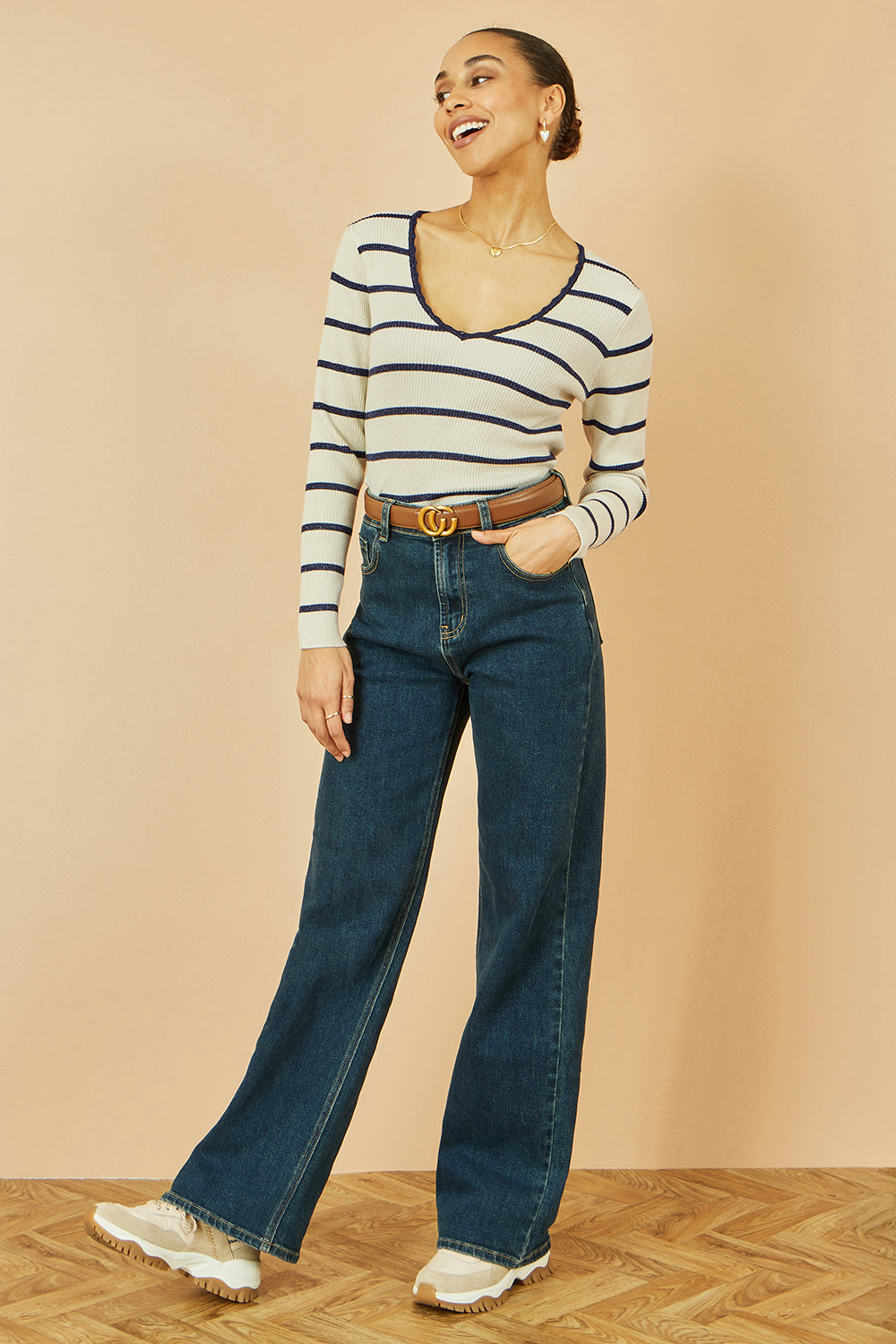 Yumi White Metallic Stripe Knitted Ribbed Top - QHA UK