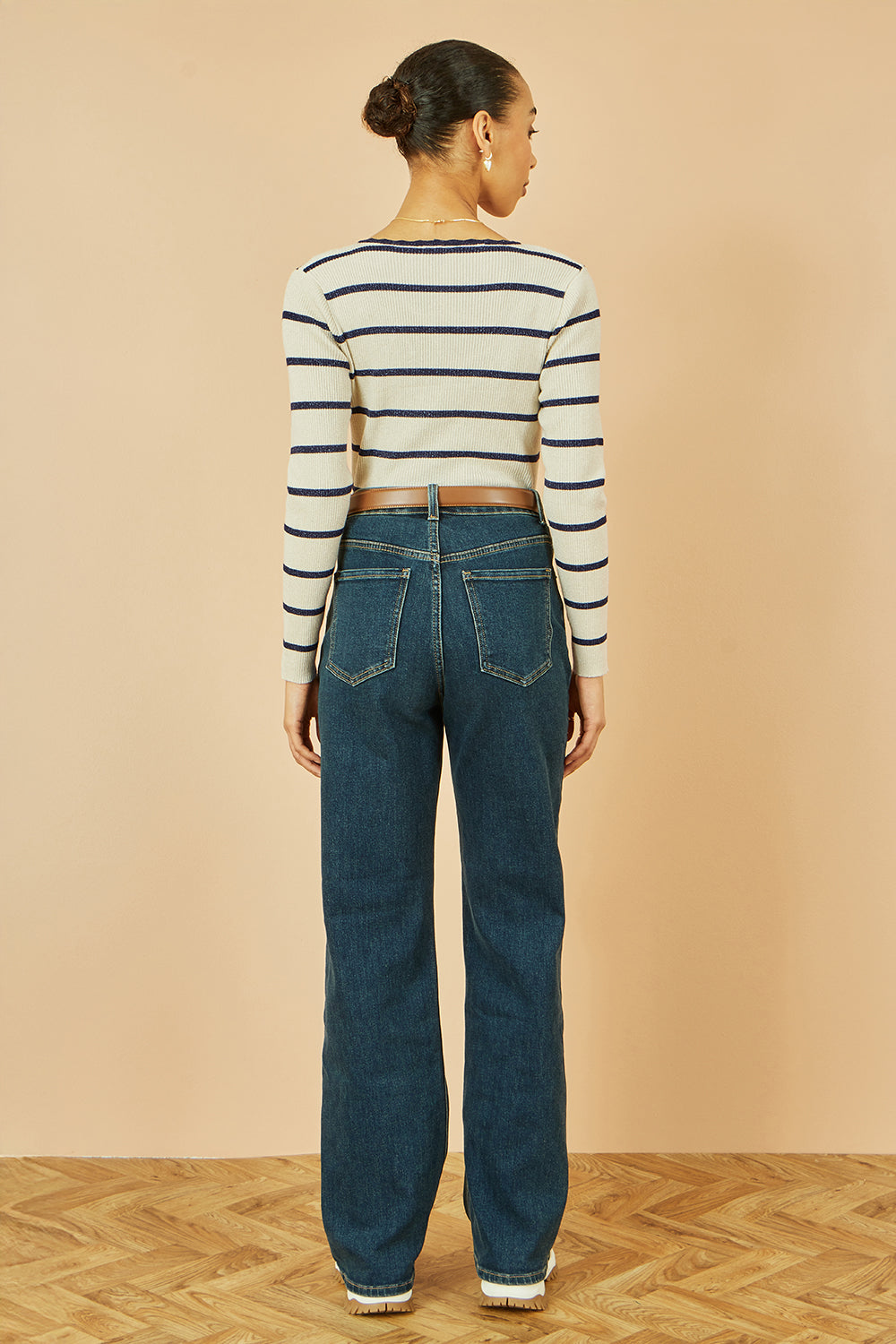 Yumi White Metallic Stripe Knitted Ribbed Top - QHA UK