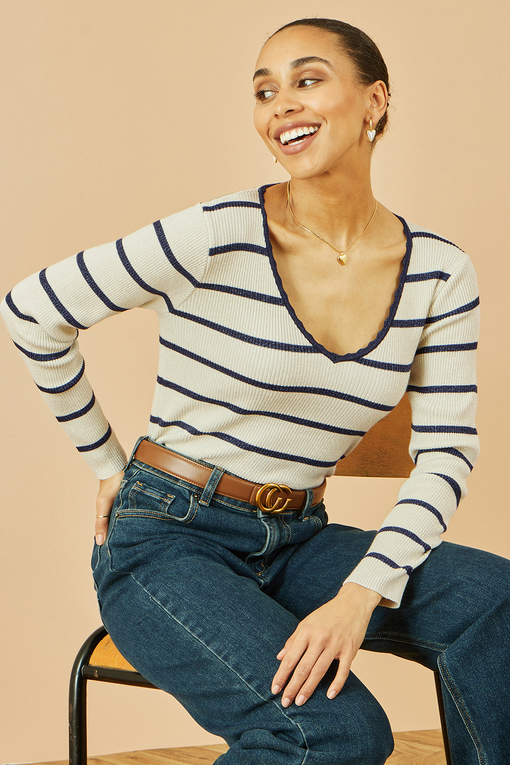 Yumi White Metallic Stripe Knitted Ribbed Top - QHA UK