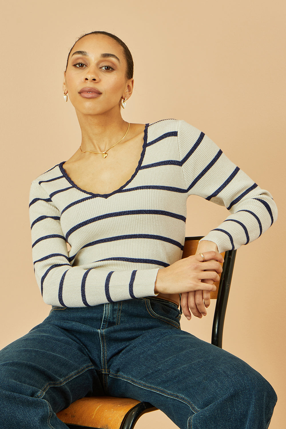 Yumi White Metallic Stripe Knitted Ribbed Top - QHA UK