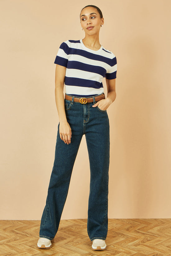 Yumi Navy Block Stripe Knitted Top With Button Details - QHA UK