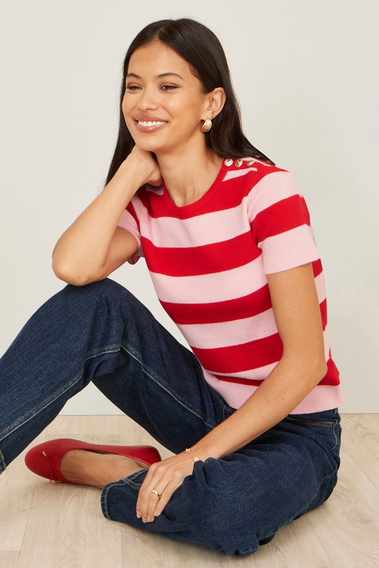 Yumi Red Block Stripe Knitted Top With Button Details - QHA UK