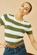 Yumi Green Block Stripe Knitted Top With Button Details - QHA UK