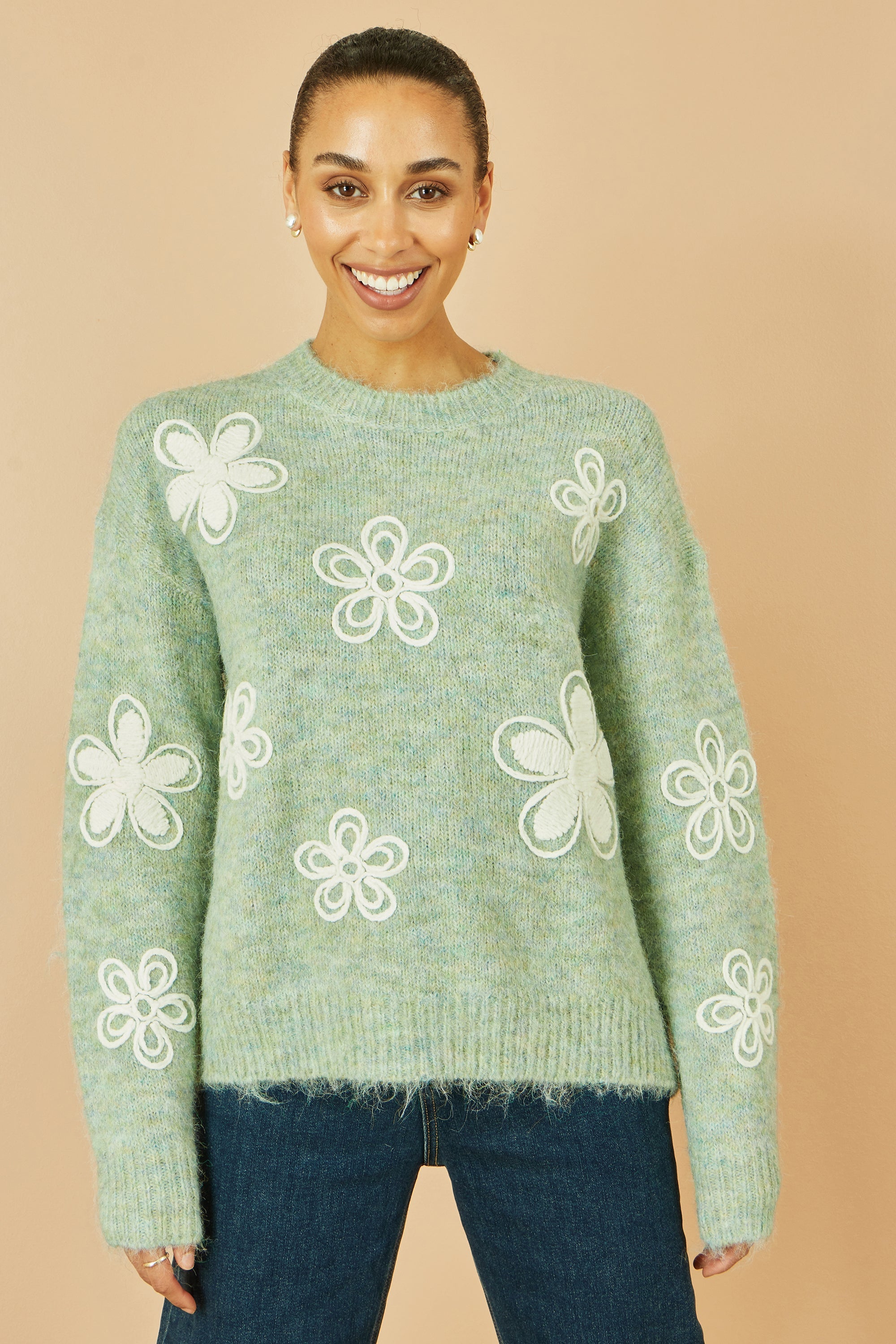 Yumi Green Relaxed Knitted Jumper With Crochet Flowers