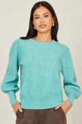 Yumi Sea Green Knitted Balloon Sleeve Jumper - QHA UK