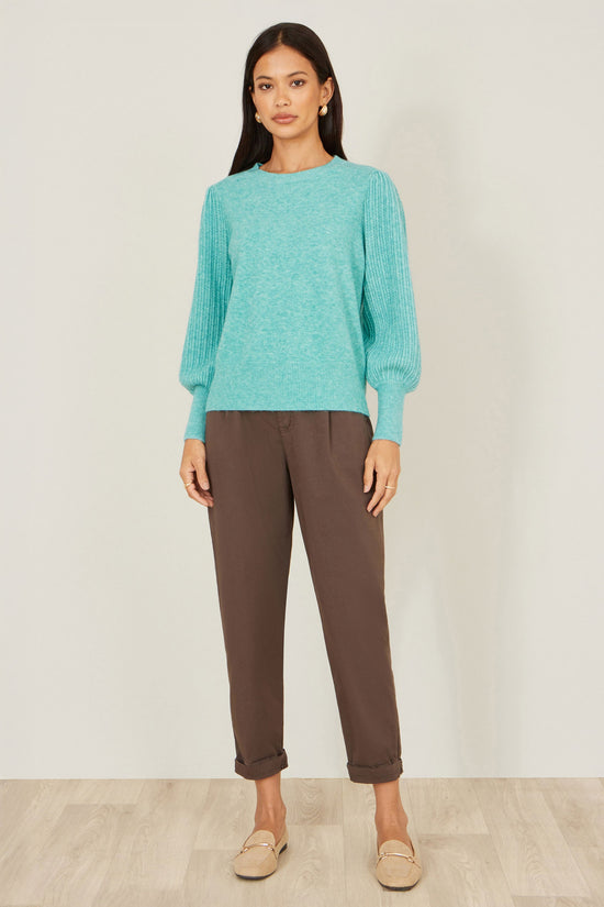 Yumi Sea Green Knitted Balloon Sleeve Jumper - QHA UK