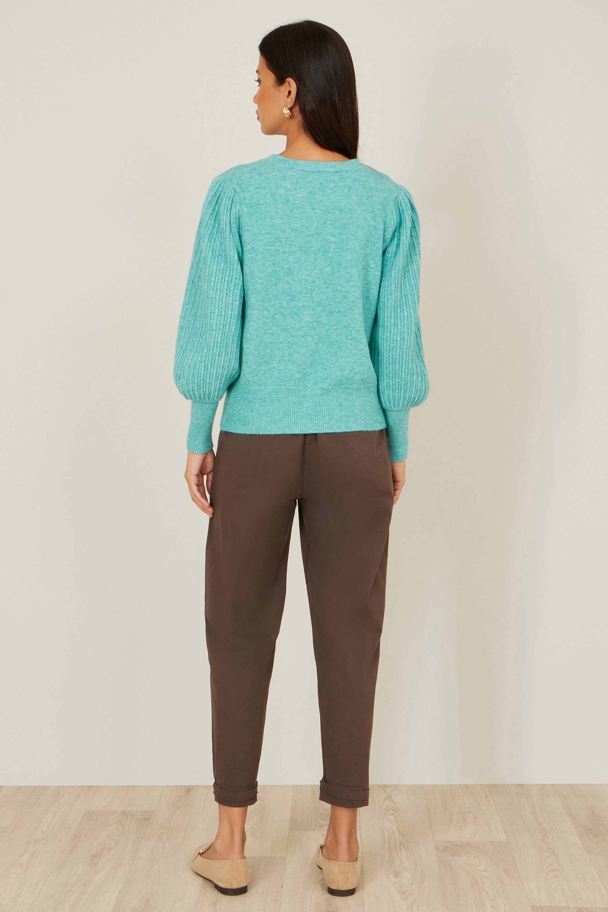 Yumi Sea Green Knitted Balloon Sleeve Jumper