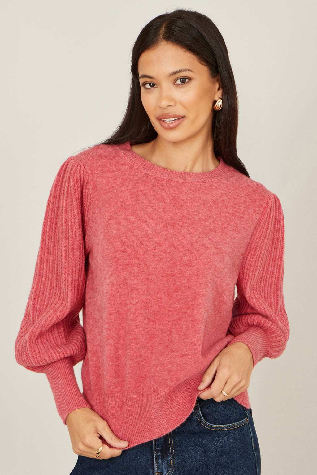 Yumi Pink Knitted Balloon Sleeve Jumper