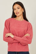 Yumi Pink Knitted Balloon Sleeve Jumper - QHA UK