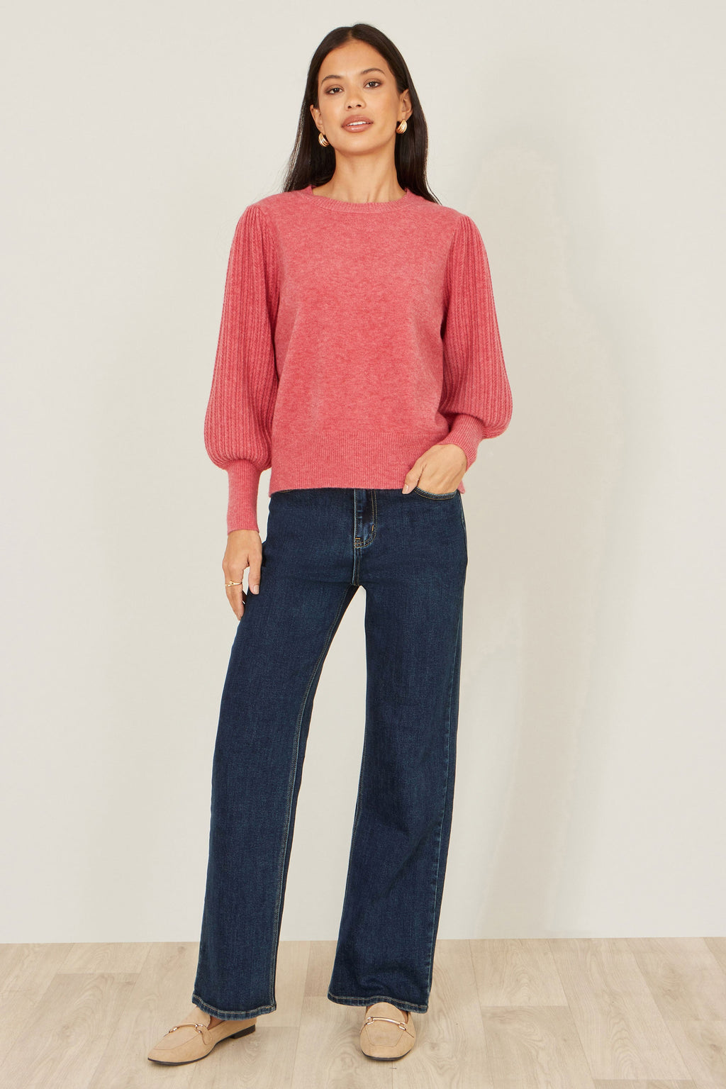Yumi Pink Knitted Balloon Sleeve Jumper