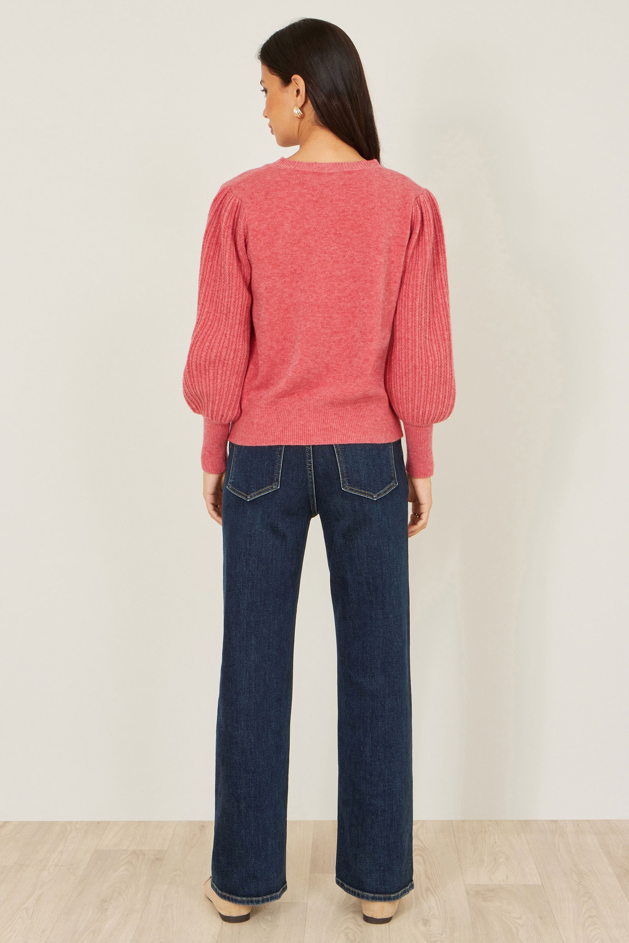 Yumi Pink Knitted Balloon Sleeve Jumper