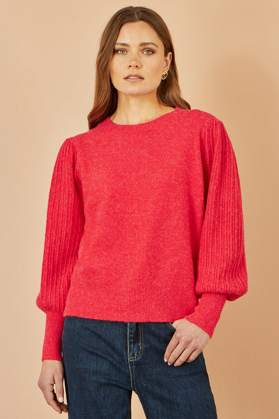 Yumi Red Knitted Balloon Sleeve Textured Jumper - QHA UK