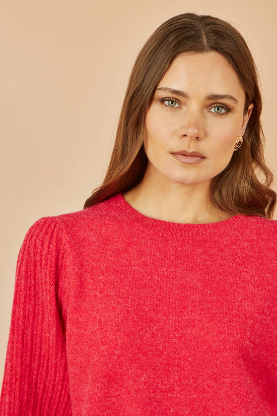 Yumi Red Knitted Balloon Sleeve Textured Jumper - QHA UK
