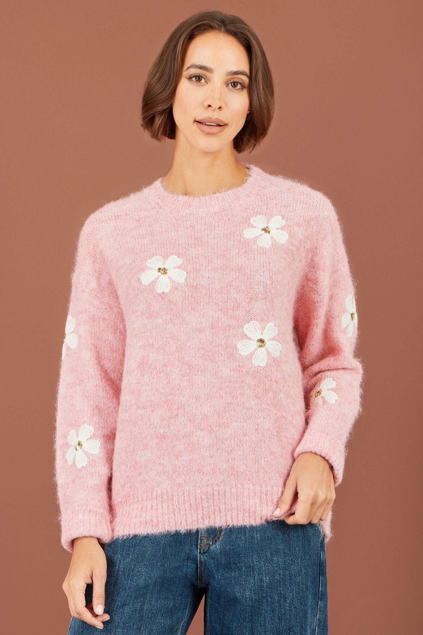 Yumi Women's Pink Relaxed Fit Crochet Flower Sequin Knit Jumper