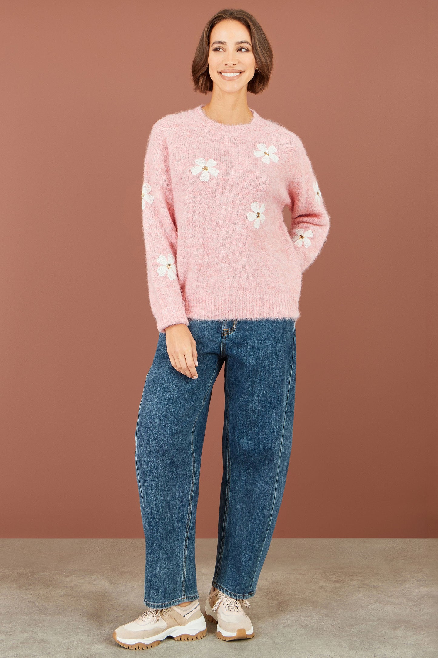 Yumi Women's Pink Relaxed Fit Crochet Flower Sequin Knit Jumper