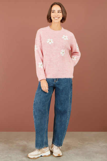 Yumi Women's Pink Relaxed Fit Crochet Flower Sequin Knit Jumper