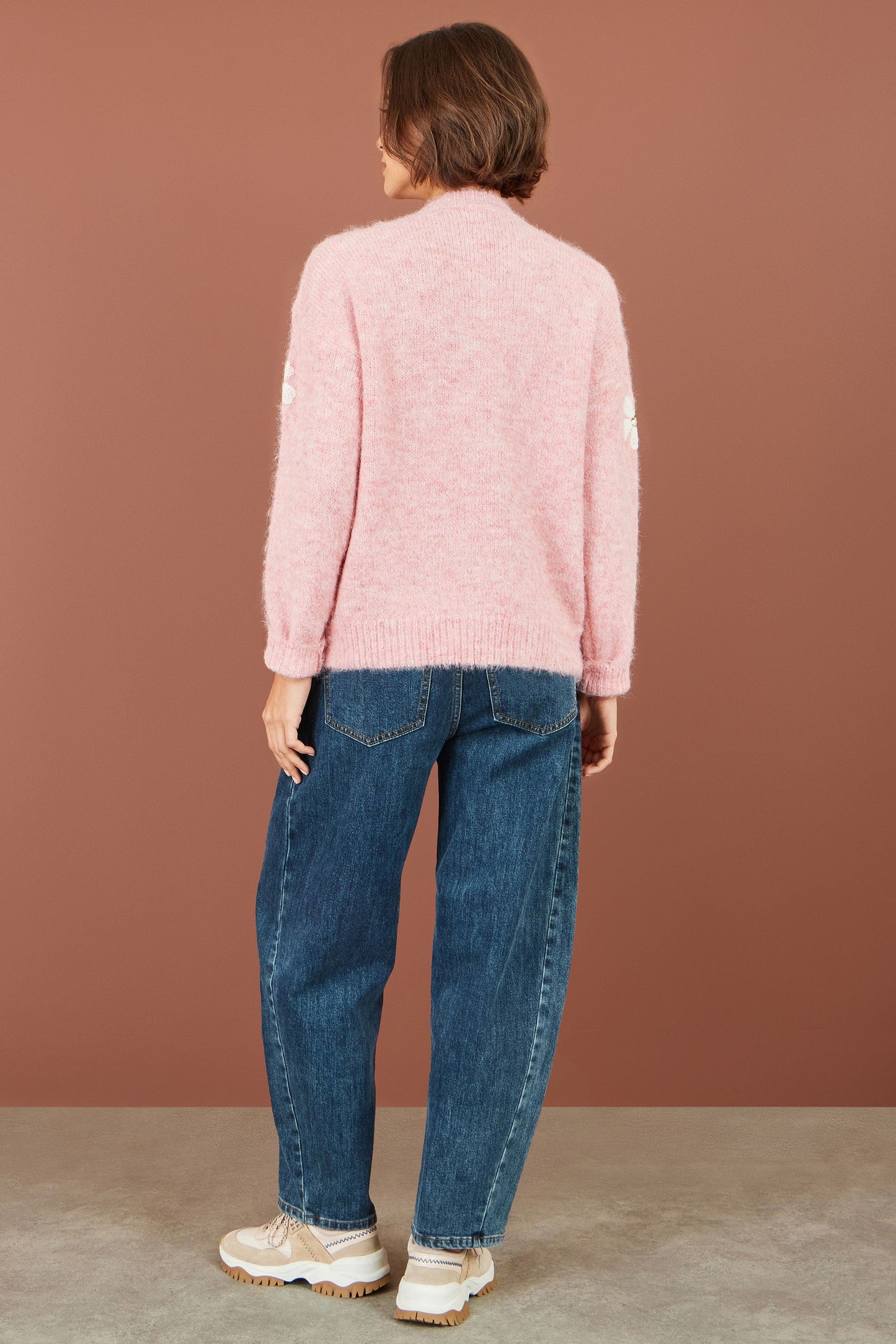 Yumi Women's Pink Relaxed Fit Crochet Flower Sequin Knit Jumper