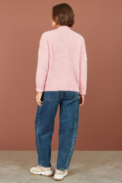 Yumi Women's Pink Relaxed Fit Crochet Flower Sequin Knit Jumper