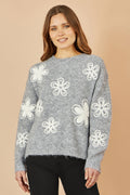 Yumi Grey Relaxed Jumper With Crochet Flowers - QHA UK