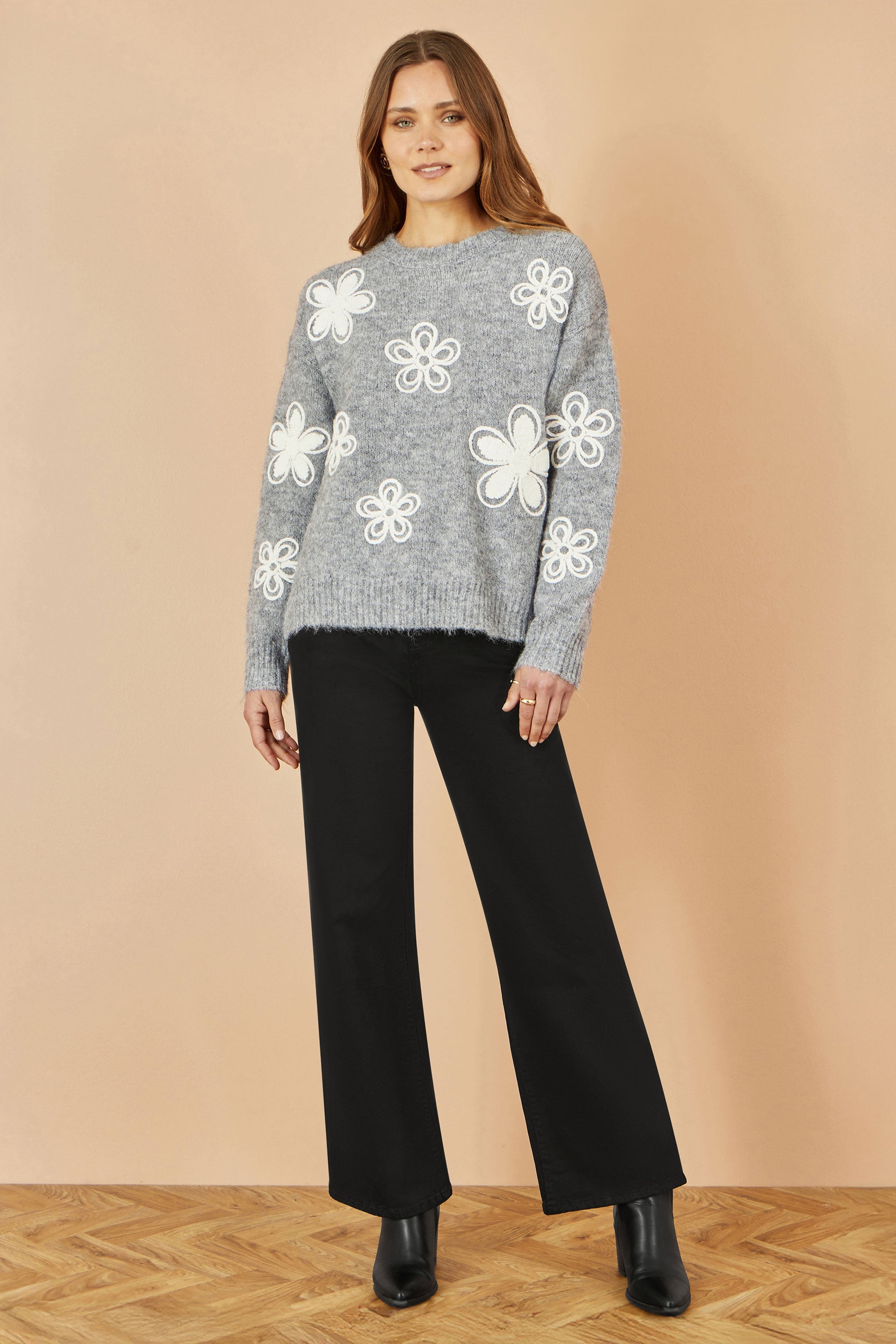 Yumi Grey Relaxed Jumper With Crochet Flowers