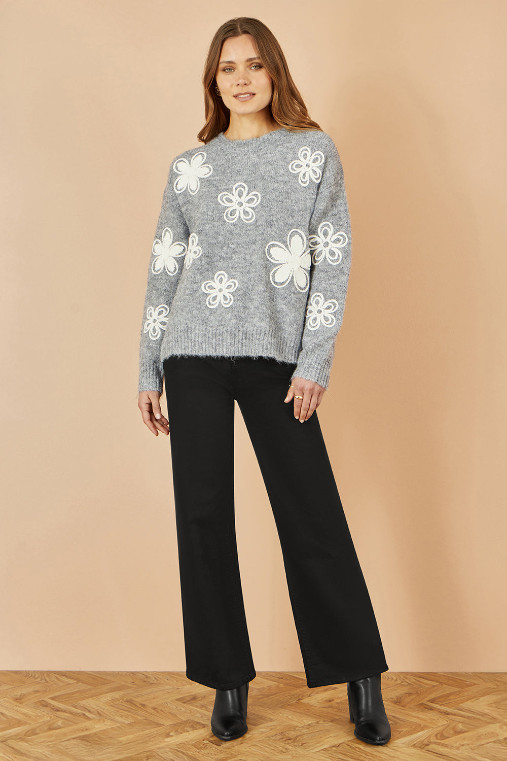 Yumi Grey Relaxed Jumper With Crochet Flowers - QHA UK