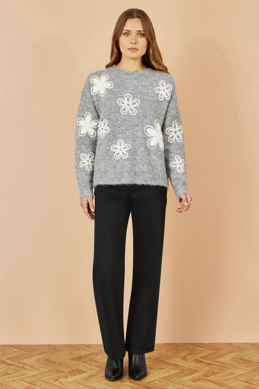 Yumi Grey Relaxed Jumper With Crochet Flowers