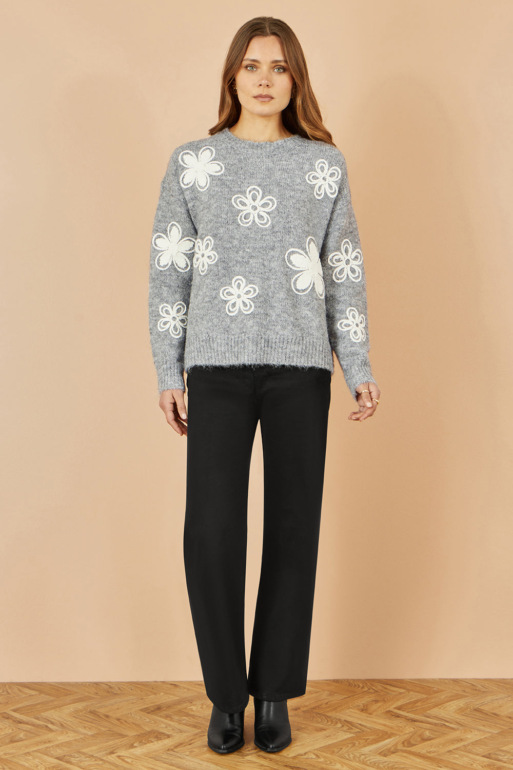 Yumi Grey Relaxed Jumper With Crochet Flowers - QHA UK