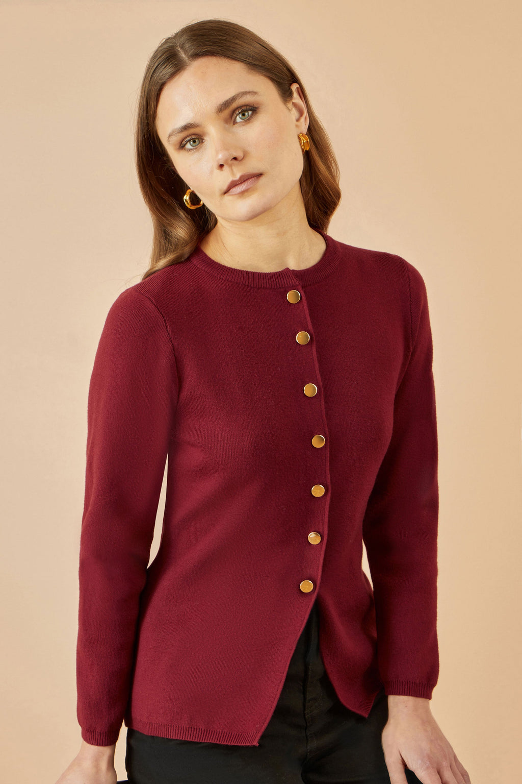 Yumi Burgundy Knitted Fitted Button Down Peplum Cardigan