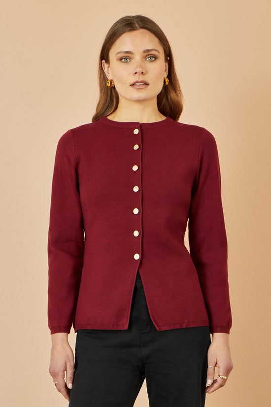 Yumi Burgundy Knitted Fitted Button Down Peplum Cardigan - QHA UK