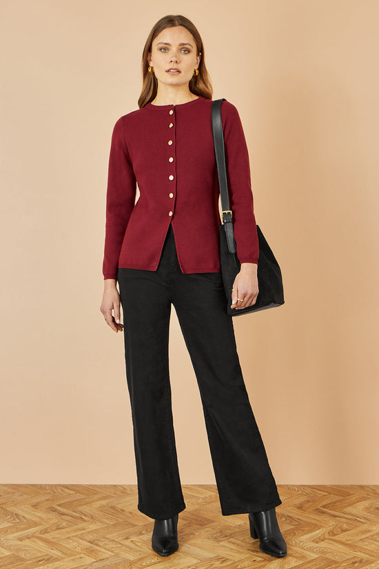 Yumi Burgundy Knitted Fitted Button Down Peplum Cardigan - QHA UK