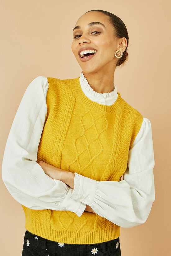 Yumi Mustard Cable Knit Sleeveless Jumper - QHA UK