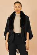 Yumi Black Fur Collar Shrug With Tassel Hem - QHA UK