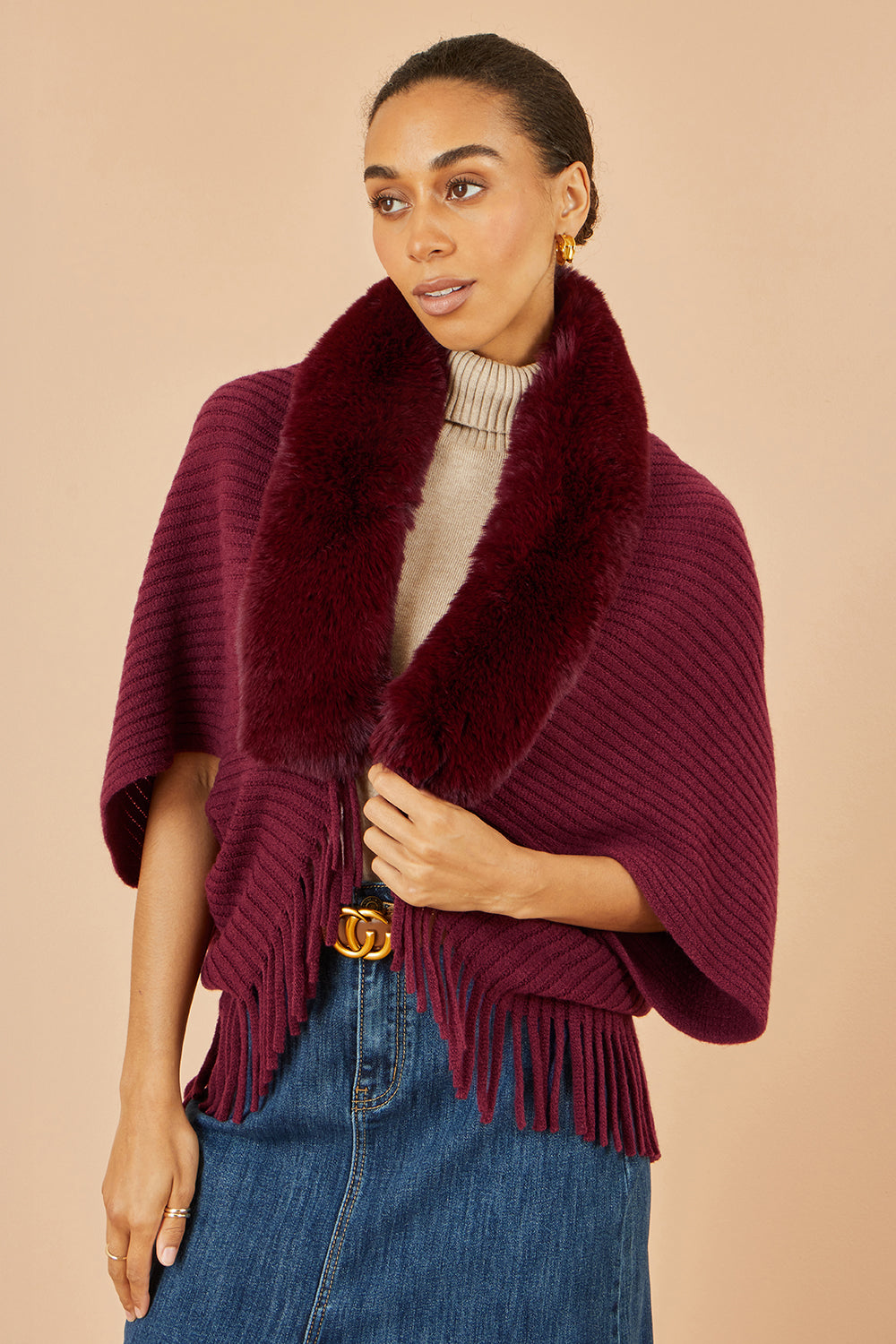 Yumi Burgundy Fur Collar Shrug With Tassel Hem - QHA UK