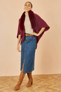 Yumi Burgundy Fur Collar Shrug With Tassel Hem - QHA UK