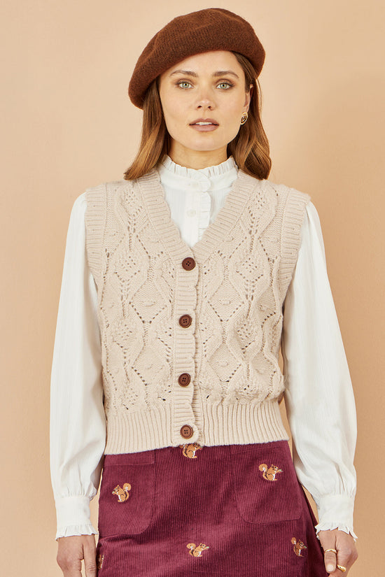 Yumi Oatmeal Button Up Chunky Cable Knit Waistcoat - QHA UK