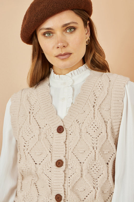 Yumi Oatmeal Button Up Chunky Cable Knit Waistcoat - QHA UK