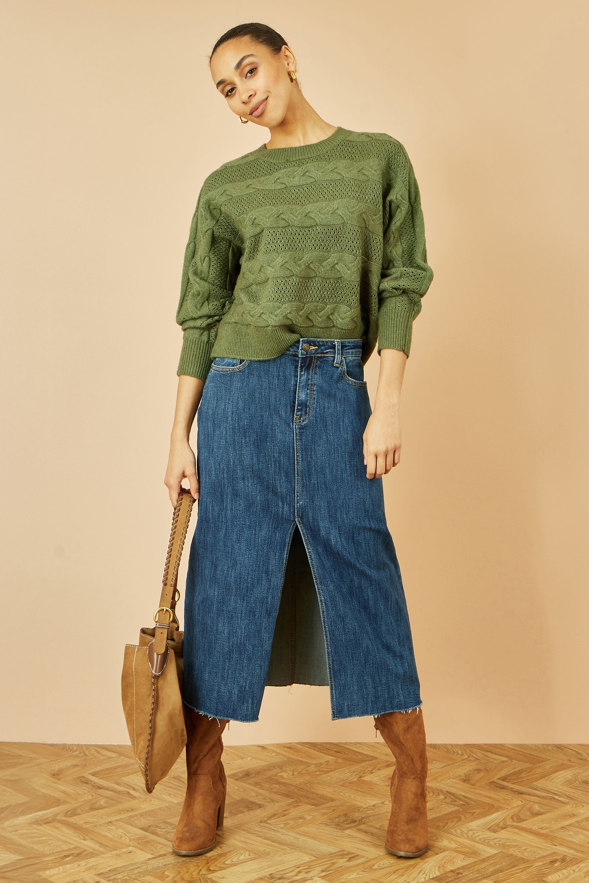 Yumi Green Cable Knit Relaxed Fit Jumper