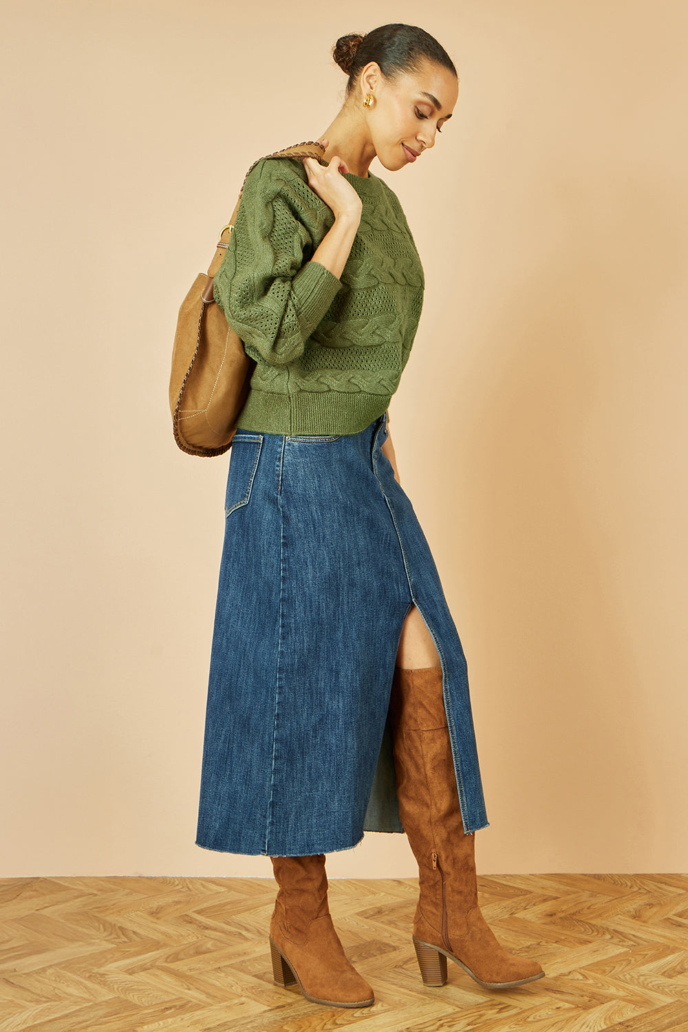 Yumi Green Cable Knit Relaxed Fit Jumper - QHA UK